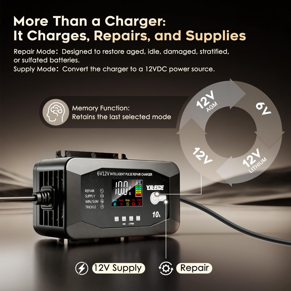 YILEIDE 10A charger in car or boat setup for reach and reliability.