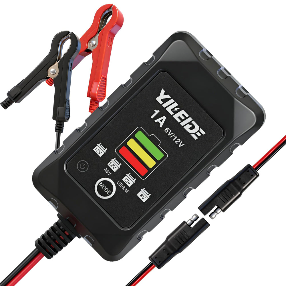 YILEIDE 1A smart battery charger front view showcases compact, portable design.