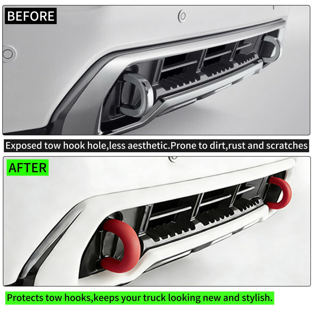 Yinnianets tow hook cover installed on truck showing tool-free, quick attachment.