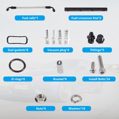 YIUIY package includes gaskets, fuel rails, and crossover line