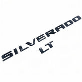 Yoaoo Silverado LT emblem 3D letters front view, durable glossy black finish.