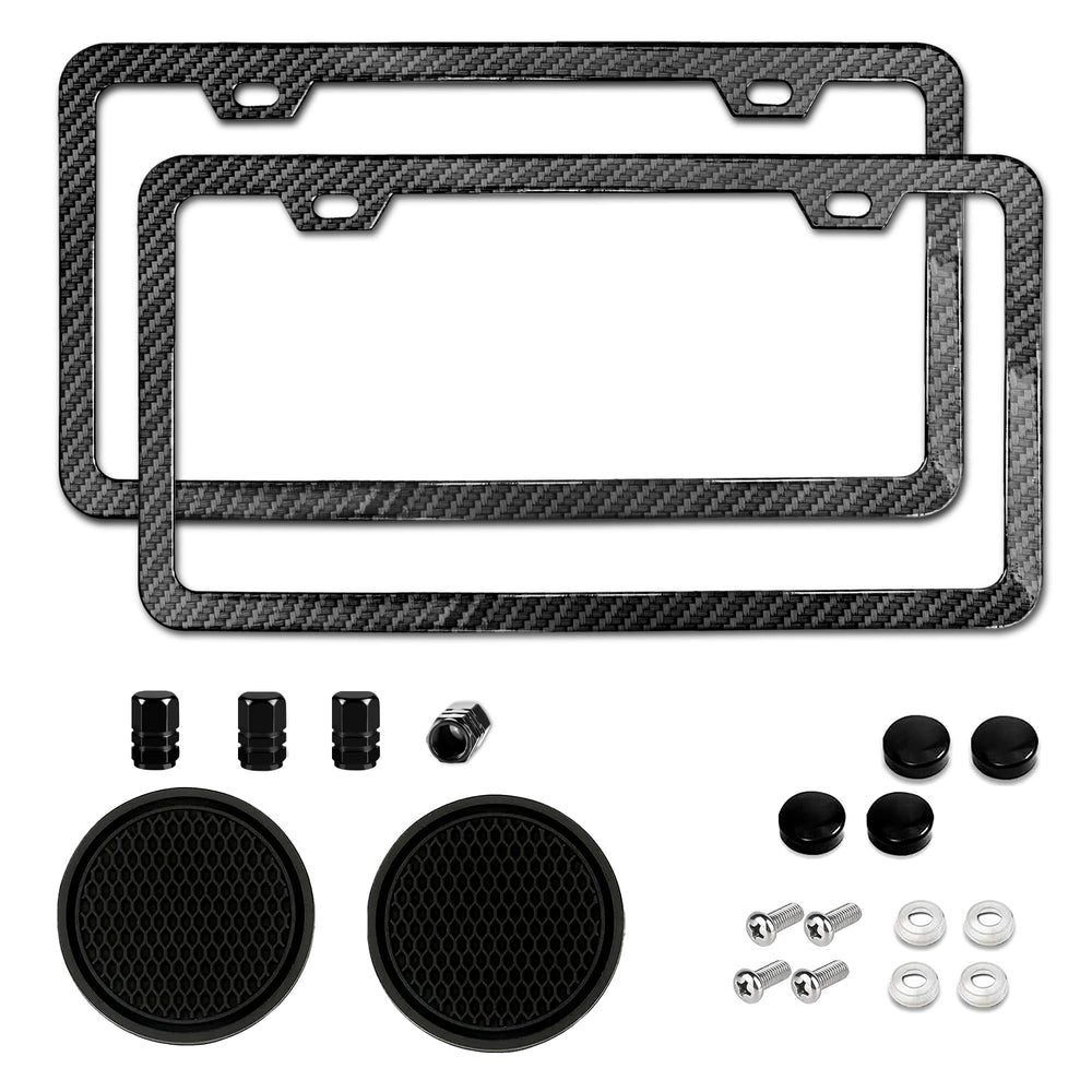 Yogrvner carbon fiber license frame front view showing premium protection and style