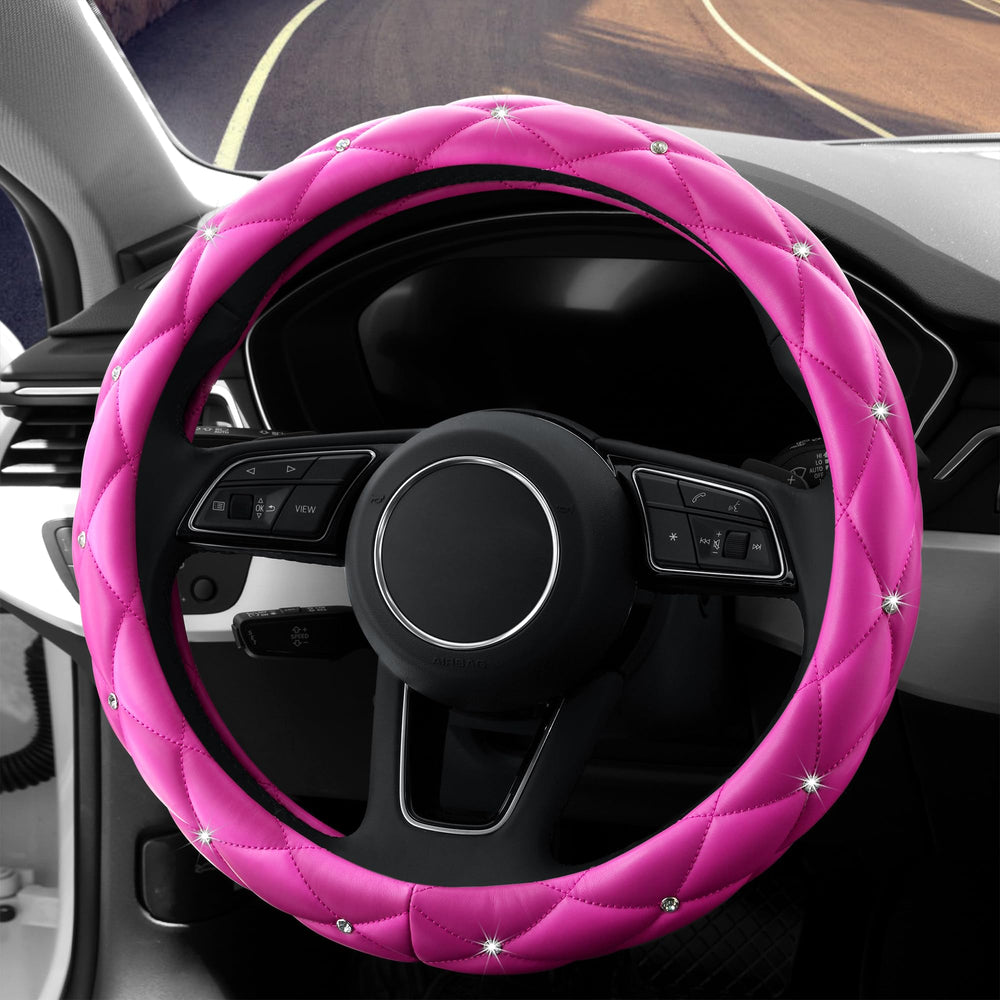 YOGURTCK hot pink crystal steering wheel cover glitters while protecting hands.