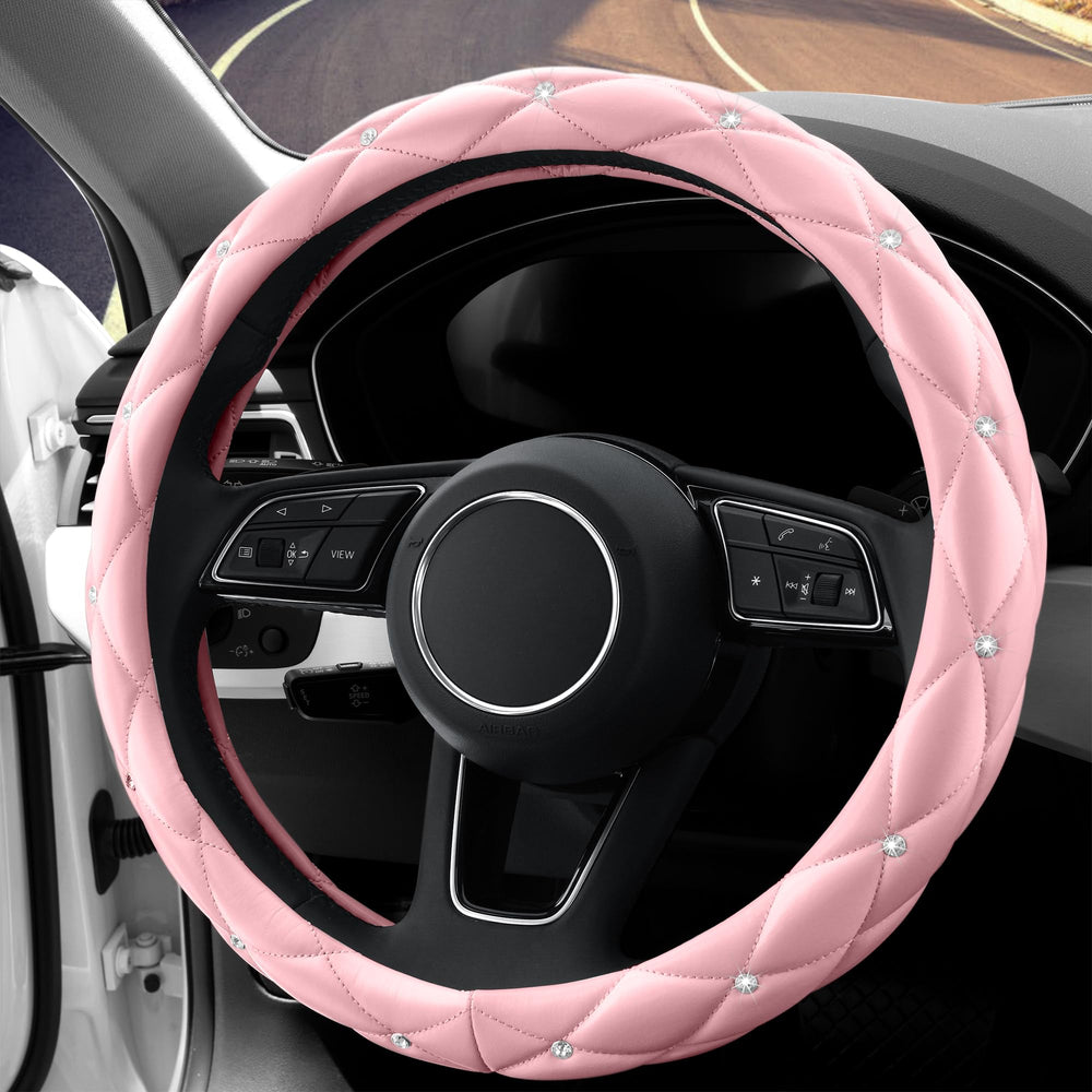 YOGURTCK soft-touch leather feel steering wheel cover enhances driving comfort.
