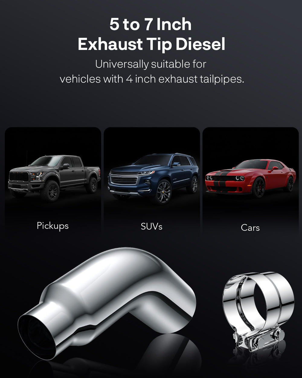 YOLANDO curved 5-7 inch elbow improves exhaust flow with a sleek chrome finish.