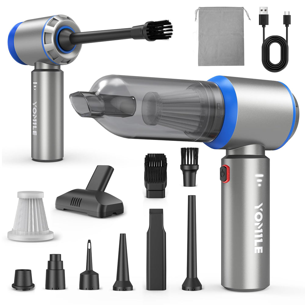 Yomile mini vacuum 2-in-1 in action for quick car and keyboard cleaning.