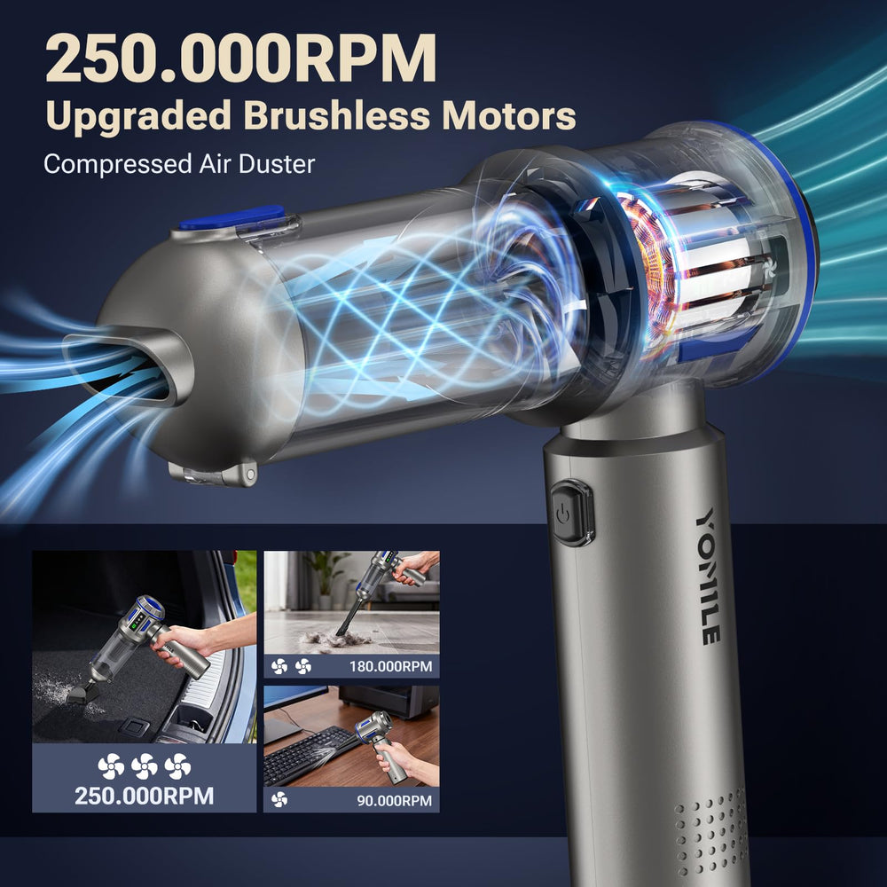 Yomile air duster at 250000RPM for precise keyboard dust removal.