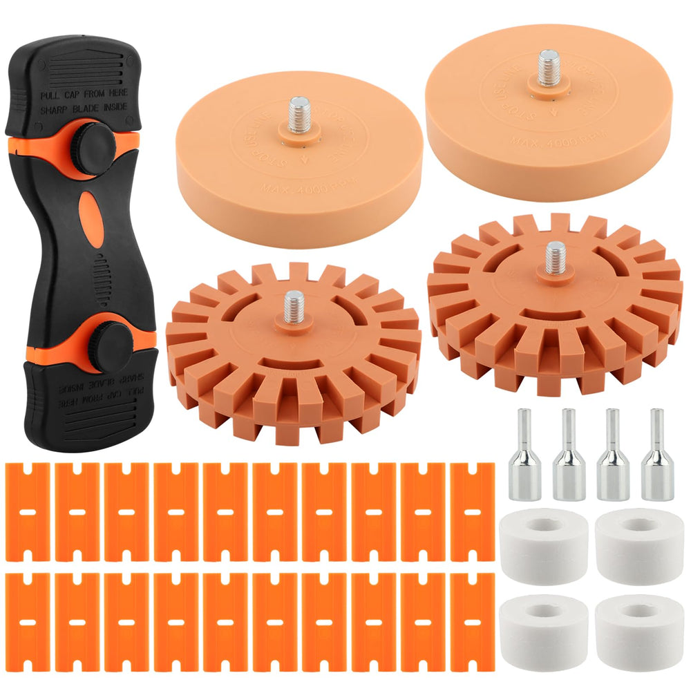 Yonderfume eraser wheel in use on car surface for decal removal.