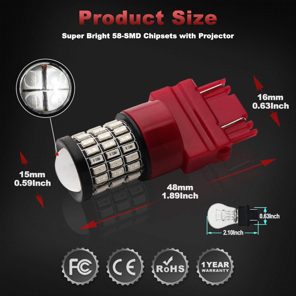 Yorkim 3157 red LED bulb 360-degree illumination improves rear visibility.