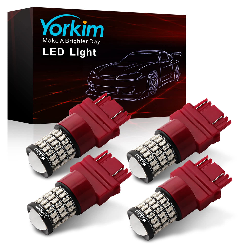 Yorkim 3157 red LED bulb front view shows projector for crisp brake light visibility.