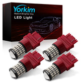 Yorkim 3157 red LED bulb front view shows projector for crisp brake light visibility.