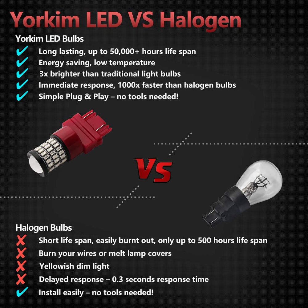 Yorkim 3157 red LED bulb plug-and-play design for easy installation.