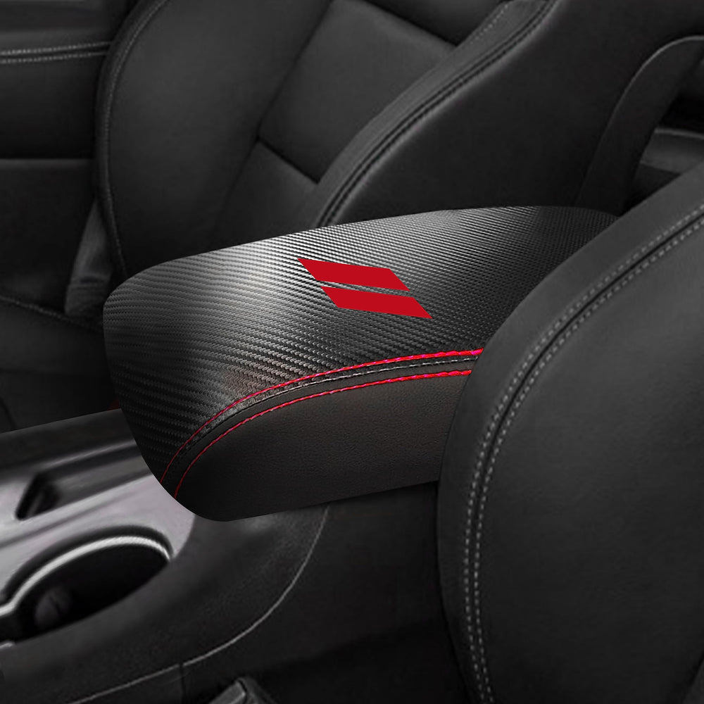 YOSRTER center console armrest cover in Carbon Fiber Red, front view with anti-scratch protection
