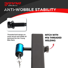 Blue pin on bike rack reduces wobble during highway speeds.