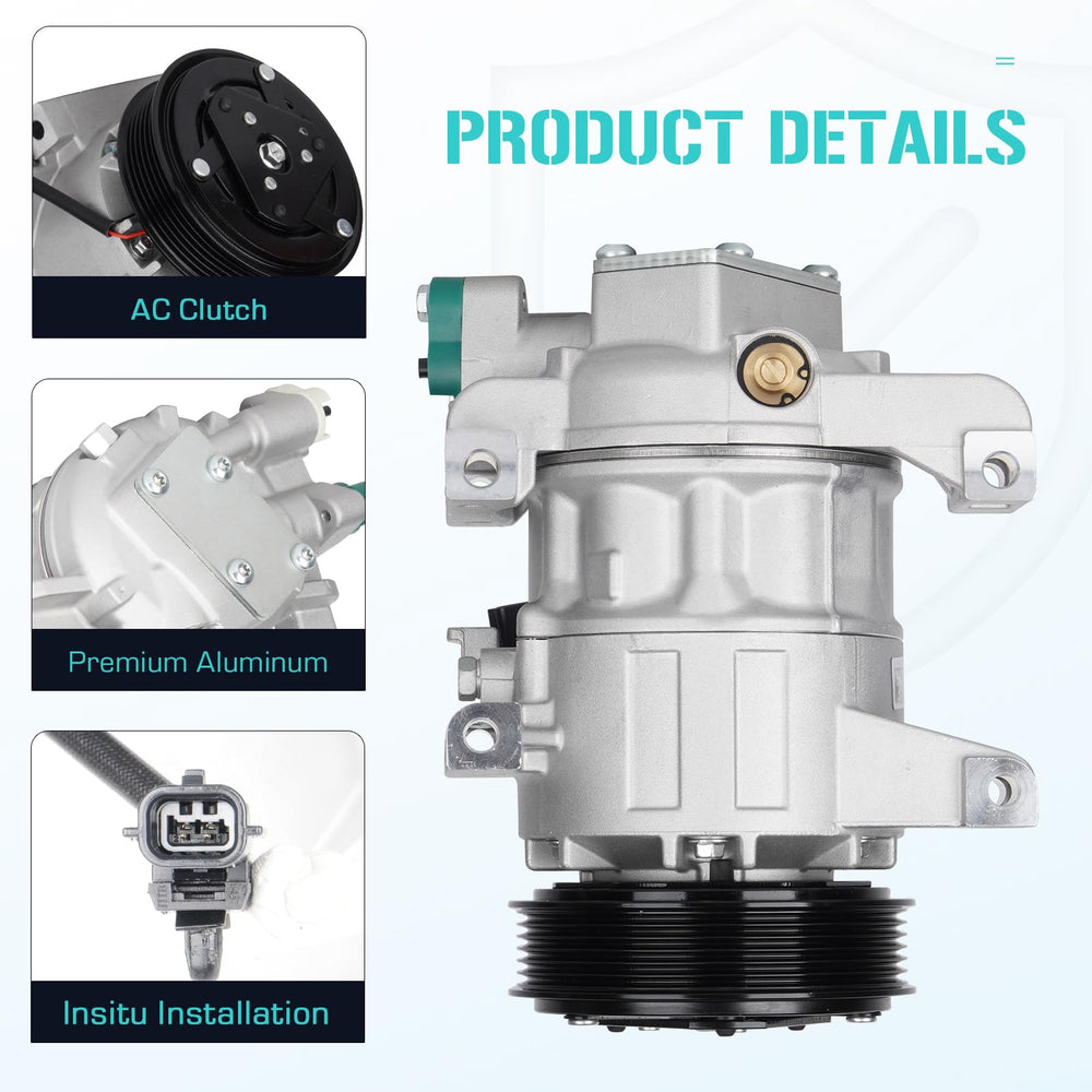 Youxmoto AC compressor Nissan Altima front view, robust build for reliable performance.
