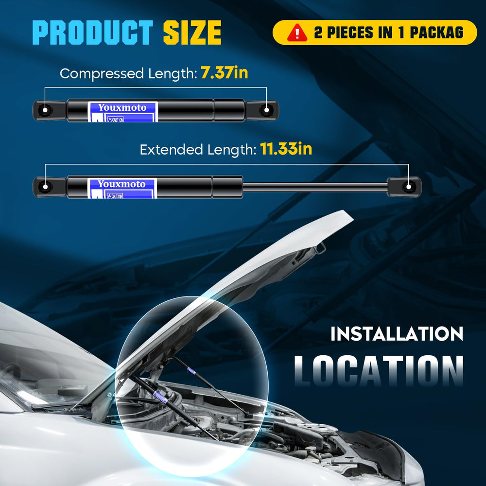 Youxmoto hood lift strut extended length highlights reach for full engine access.