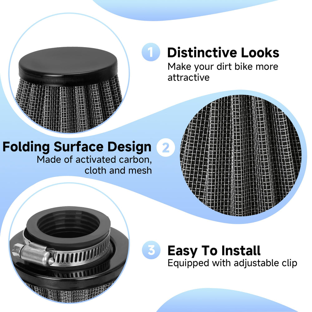 YOXUFA 35mm air filter detail shows compatibility with multiple engines