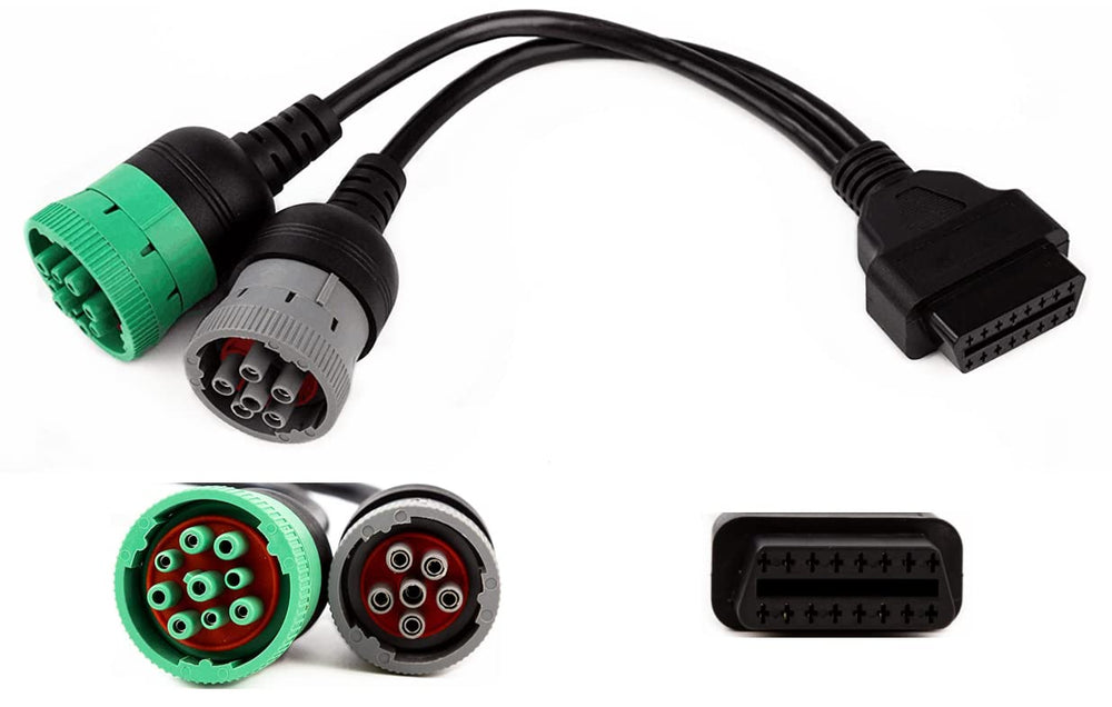 YPP Green9p split Y cable with J1939 and J1708 connectors for diesel diagnostics on trucks.