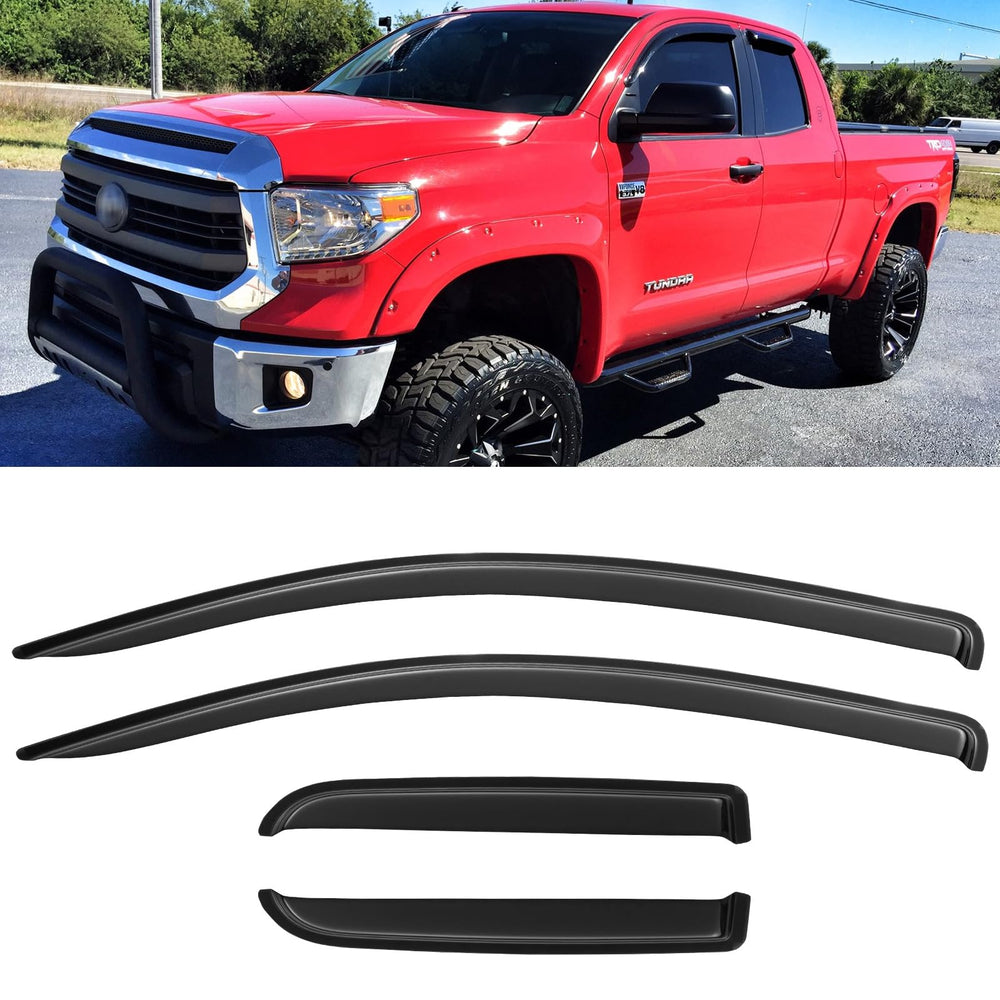 YQAUTEC window visors for Toyota Tundra double cab front doors shield rain while cracked windows.