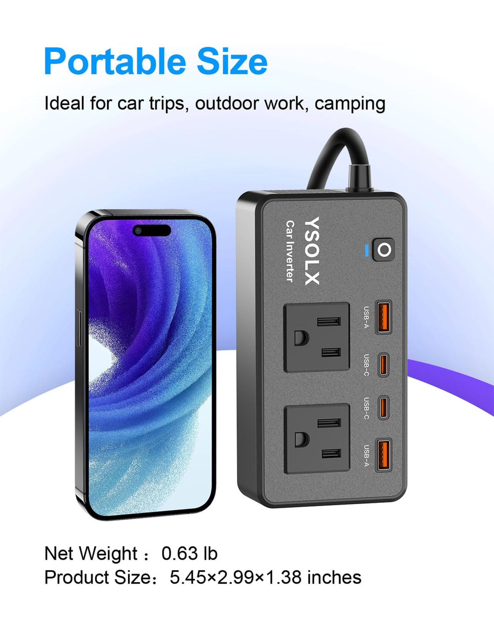 YSOLX compact portable design fits easily in car or bag.
