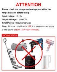 YSOLX DC 12V to 110V usage warning and guidance.