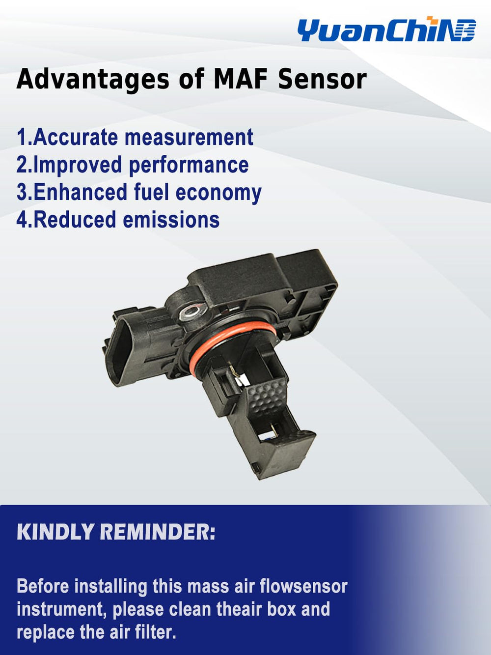 YUANCHINB MAF sensor package label confirms compatible part numbers.