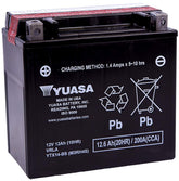 Yuasa YTX14-BS maintenance-free battery acid pack for spill-proof starts on ATVs and motorcycles.