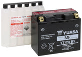 Yuasa Yuam6212b battery closeup shows compact design for tight motorcycle compartments with maintenance-free power.