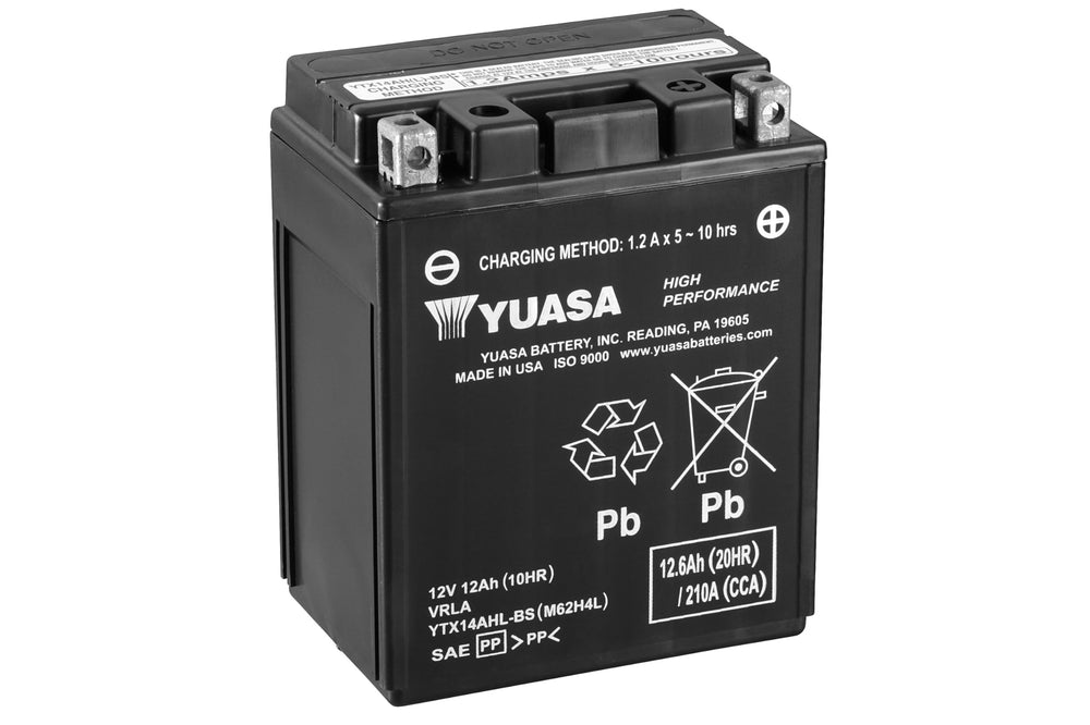 Yuasa Yuam62h4l exterior battery image demonstrates maintenance-free AGM design for reliable power.