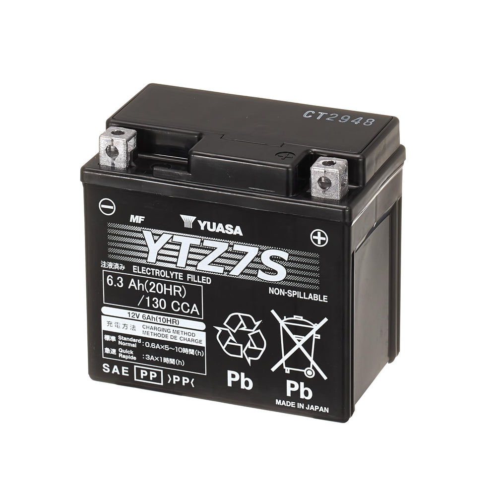 Yuasa YUAM727ZS front view, compact AGM battery for reliable starting power.