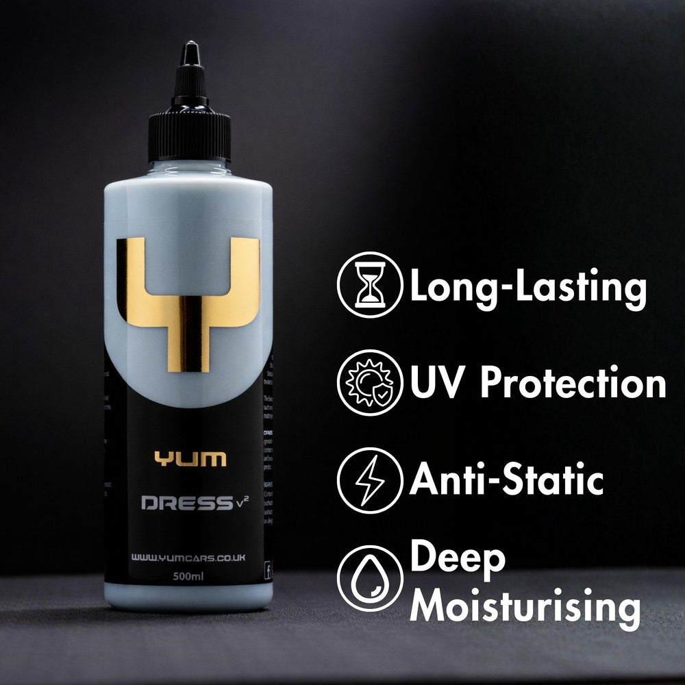 Yum Dress V2 spray application demonstrates quick, even coverage on exterior plastics.