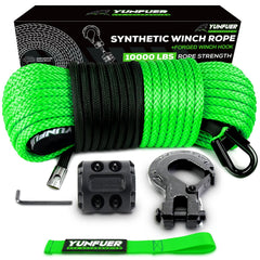YUNFUER 50 ft 1/4 inch synthetic winch rope in green, UV resistant and strong.
