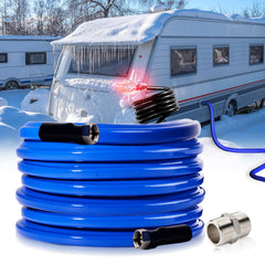 Yurnomy 50ft heated water hose connected to an RV for winter use