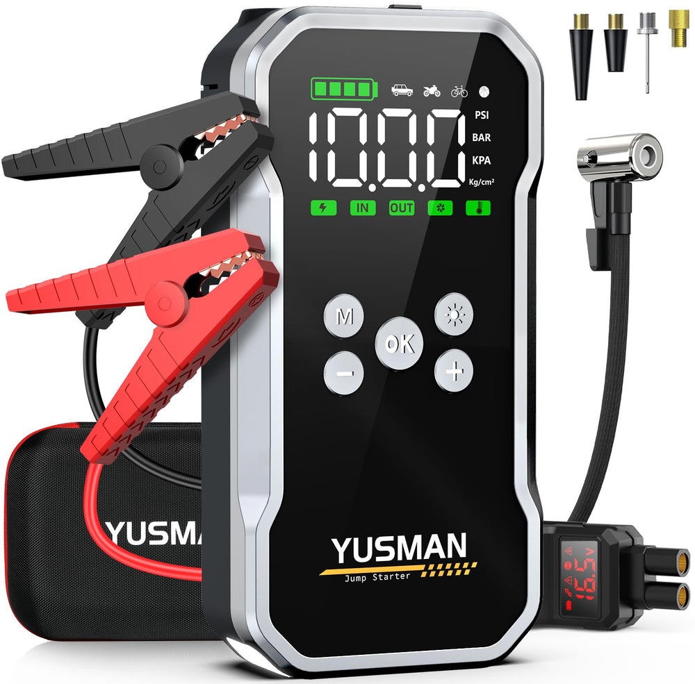 YUSMAN jump starter with air compressor front view for quick, reliable engine starts.