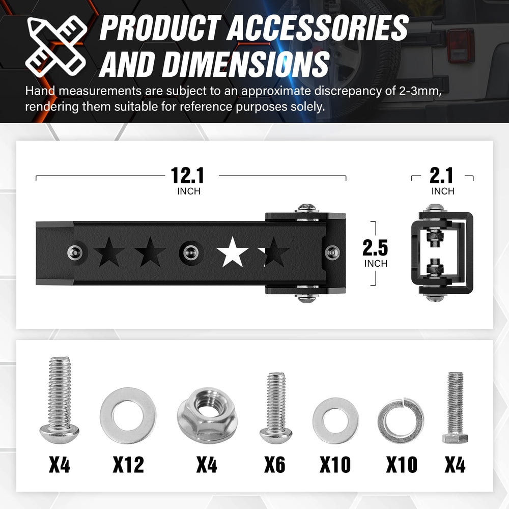 YZONA rear-door hinge mount on Jeep Wrangler demonstrates straightforward installation.
