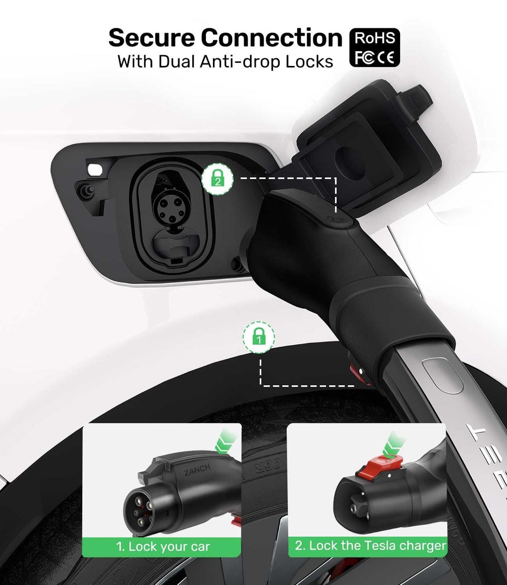 Zanch adapter image illustrating 60A 250V capability with J1772 plug