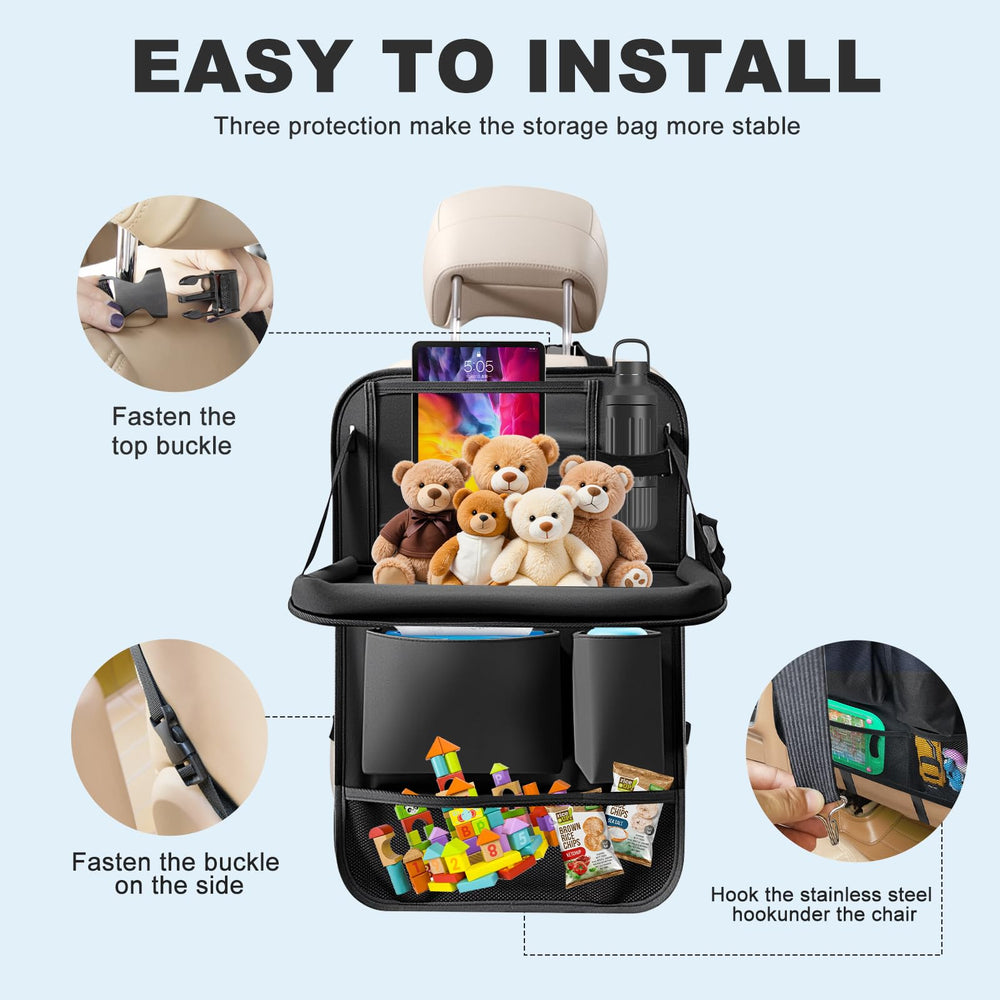 Zecirl aluminum hooks reinforce the backseat organizer for stability.