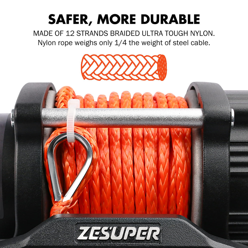 ZESUPER 4500lb winch synthetic rope close-up lighter and safer line.