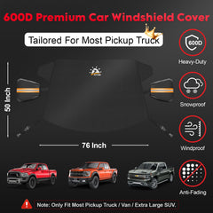 Zettum 600D windshield cover highlights waterproof fabric blocking frost and moisture.