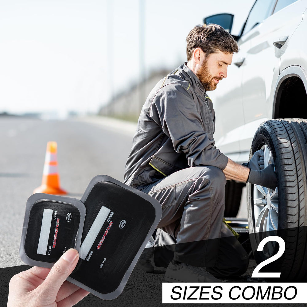 Step-by-step patch application shown for quick tire repairs.