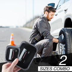 Step-by-step patch application shown for quick tire repairs.
