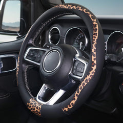 ZHOL leopard-print steering wheel cover on wheel enhances interior style.