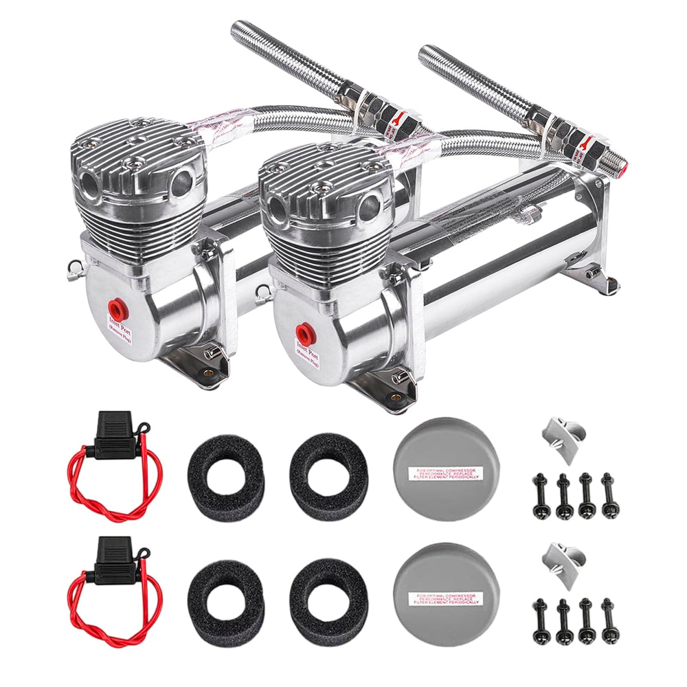 ZHSYMX heavy-duty 200psi air horn compressor dual pack shown with mounting bracket for easy installation.