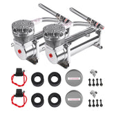 ZHSYMX heavy-duty 200psi air horn compressor dual pack shown with mounting bracket for easy installation.