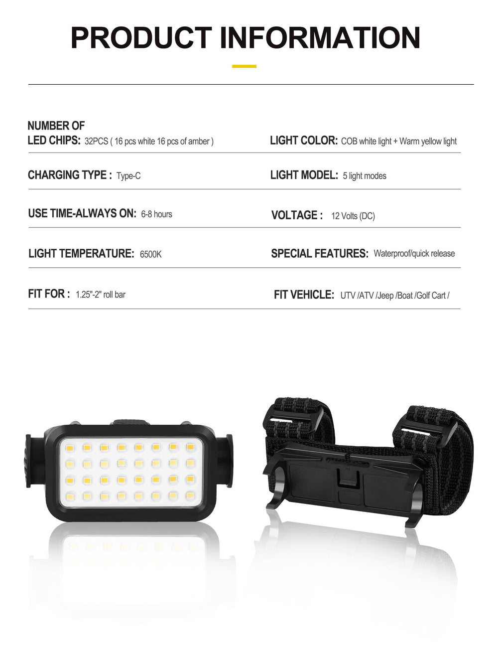 ZIDIYORUO UTV dome light quick-release enables easy transfer to tent or camp.
