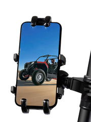 ZIDIYORUO UTV phone mount bracket closeup with rugged aluminum construction for off-road use