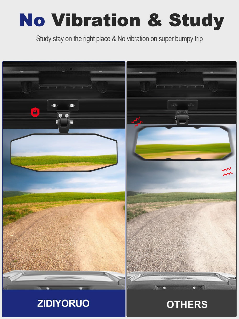 Wide 10.2 by 3.7 inch convex mirror minimizes blind spots.
