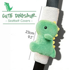 Zigihos green plush dinosaur seatbelt pad adds warmth and comfort on long trips.
