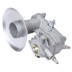 Carburetor mounted on a mower engine demonstrates improved fuel delivery