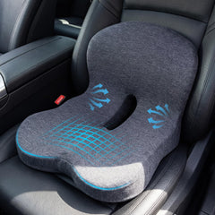 ZUAMEGU memory foam cushion on car seat provides tailbone support during commutes.